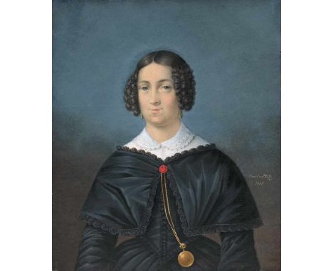   Plötz, Carl Ludwig von: Miniatur Portrait einer jungen Frau in nachtblauem Kleid besetzt mit schwarzen Spitzen  Miniatur Po