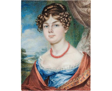   Englisch: um 1815/1820. Miniatur Portrait einer jungen Frau in blauem Kleid und rotem Schal vor Landschaftshintergrund  um 