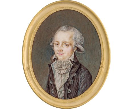  Garbi, Domenico - zugeschrieben: Miniatur Portrait eines jungen Mannes in gestreifter grauer Jack mit weißem Rüschenjabot zu