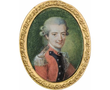   Kontinentaleuropäisch: um 1775/1780. Miniatur Portrait eines jungen Offiziers mit grau gepuderter Perücke, in roter Uniform