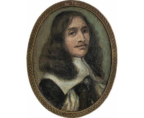   Niederländisch: um 1650/1660. Miniatur Portrait eines langhaarigen Mannes in Schwarz mit weißem Kragen  um 1650/1660. Minia