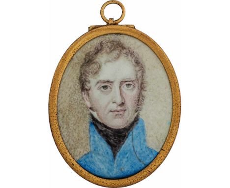   Bone, Henry - Werkstatt: um 1800/1805. Emaille Miniatur Portrait eines jungen Mannes in blauer Jacke mit schwarzer Halsbind