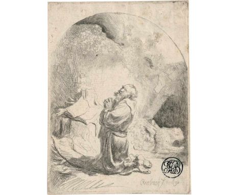   Rembrandt Harmensz. van Rijn: Der hl. Hieronymus im Gebet, emporblickend; oben rund  Der hl. Hieronymus im Gebet, emporblic