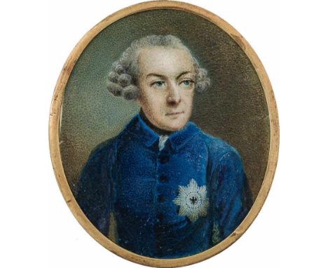   Preußisch: um 1765/1770. Miniatur Portrait des Königs Friedrich II. von Preußen in blauer Uniform mit Orden  um 1765/1770. 