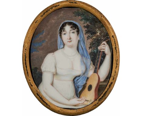   Italienisch: um 1815. Miniatur Portrait einer jungen Frau in weißem Kleid, eine Gitarre haltend  um 1815. Miniatur Portrait