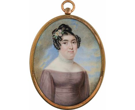   Suchy, Adalbert: Miniatur Portrait einer Frau mit Perlenhalsband in violettem Kleid  Miniatur Portrait einer Frau mit siebe