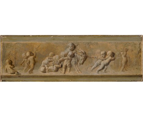   Wit, Jacob de: Putti mit Ziegenbock  Putti mit einem störrischen Ziegenbock.  Grisaille, Öl auf Papier, kaschiert auf Leinw