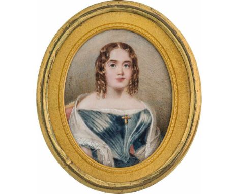   Hervé, C. S.: Miniatur Portrait einer sitzenden jungen Frau in grünblauem Kleid mit weißem Schal  Miniatur Portrait einer b