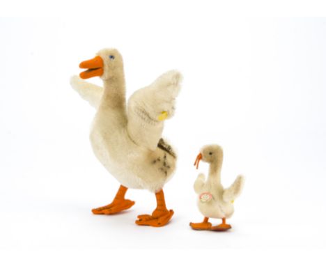 A post-war Steiff Tulla goose, With outstretched wings, button and yellow cloth tag, 1958 —11in. (28cm.) high (slightly dusty