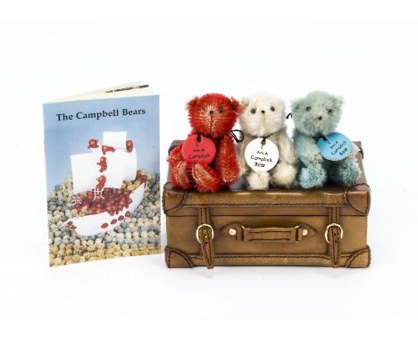 The Campbell Bears, Three Farnell ‘soldier’ teddy bears, one red, one white and one blue mohair, each with clear and black gl