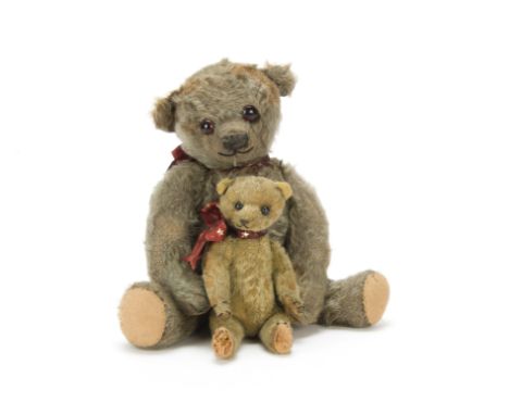 Bourneville and Cadbury two teddy bears, Bourneville, an early brown mohair Chad Valley teddy bear with orange and black glas
