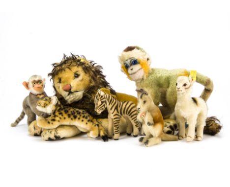 Post-war Steiff wild animals, A Llama, a Kangaroo, reclining Leo Lion —12½in. (32cm.) long, a Coco Baboon, a leopard, a zebra