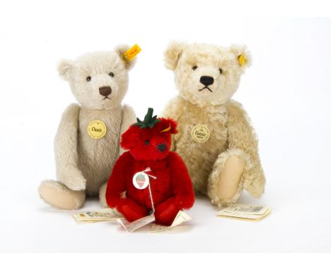 Three Steiff yellow tagged teddy bears, A Fruities strawberry teddy bear; and two Classics, one 1920s