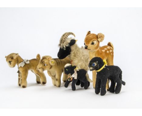 Six post-war Steiff field and farm animals, A Snucki Mountain Sheep with button, yellow cloth and chest tag—8½in. (21.5cm.) l