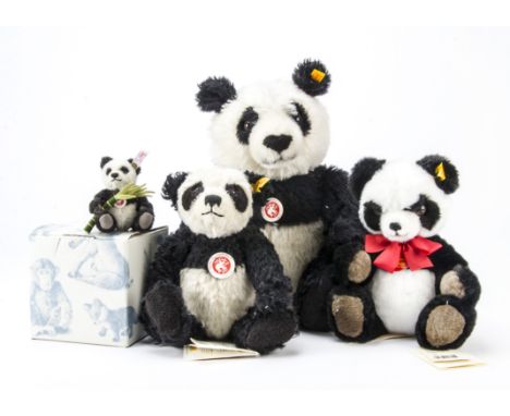 Steiff Pandas, A small limited edition Panda with Bamboo, 892 of 3000, in original box with certificate, 2008; and three yell