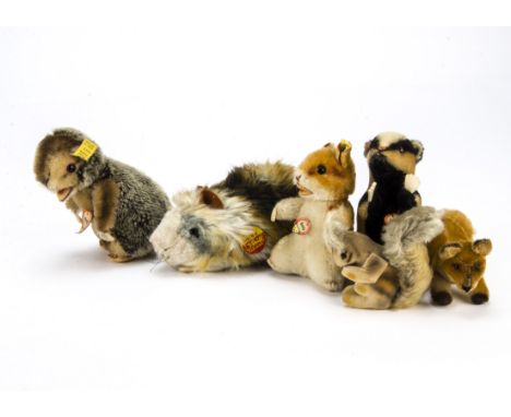 Six post-war Steiff wood and field animals, A Naggy Beaver —6½in. (15.5cm.) high, a Diggy Badger, a Goldy Hamster, two with b