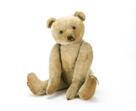 A large early French teddy bear, probably Pintel 1925, With short white mohair, black boot button eyes, pronounce muzzle, bla
