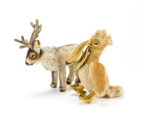 A post-war Steiff Renny Reindeer,  With button, yellow cloth tag and chest tag —9¾in. (25cm.) long; and a Piccy Pelican with 