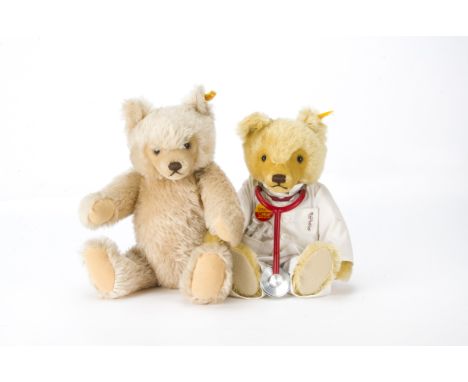 A Steiff yellow tagged Teddy Bear Doctor,  In original clothes, 1998-99; and another similar yellow tagged bear