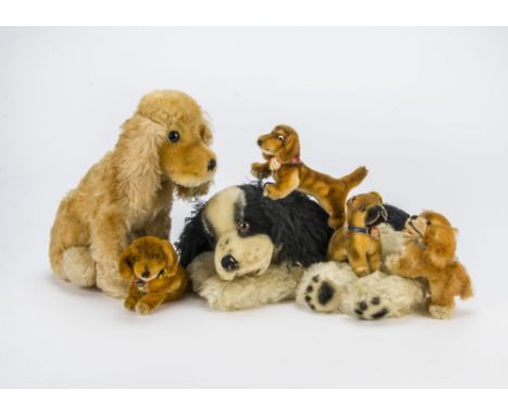 Six post-war Steiff dogs, a Hexie and a Bazi Dachshund and Boxer with buttons, yellow cloth tags and chest tags; a lying blac
