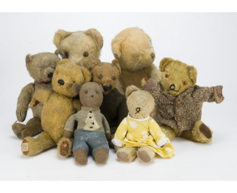 A collection of play-worn teddy bears, A 1940s Chad Valley —16in. (40.5cm.) high, a 2nd WW knitted teddy, a Dean’s Childsplay