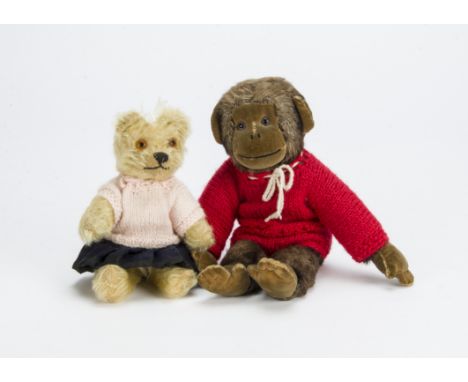 'Edwina and Duncan’ a Chad Valley teddy bear and a monkey, The bear with golden mohair, orange and black glass eyes, black st