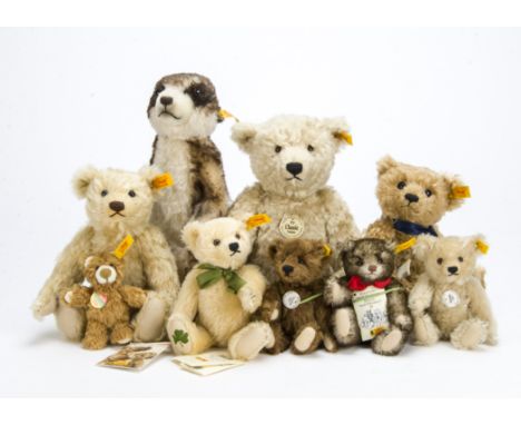 Modern Steiff yellow-tagged teddy bears, A 1920s Classic teddy bear —13½in. (34cm.) high, a meerkat, five other jointed bears