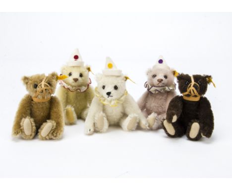 Five small Steiff yellow-tagged teddy bears, Three Clown Bears —6½in. (16.5cm.) high and two Muzzle Bears, in different colou