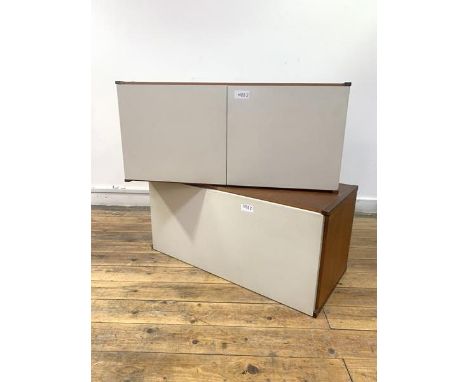 Beaver and Tapley, two white laminate and teak wall units, one fall front writing bureau, the other fitted with a shelf, H37c