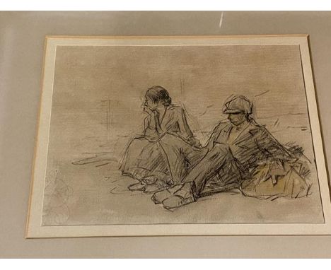 20thc School, Two Figures Seated, pencil sketch, framed, measures 18cm x 24cm