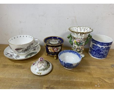 A mixed lot of china including a Royal Worcester breakfast cup with fishing decoration, inscribed to interior On to a very im