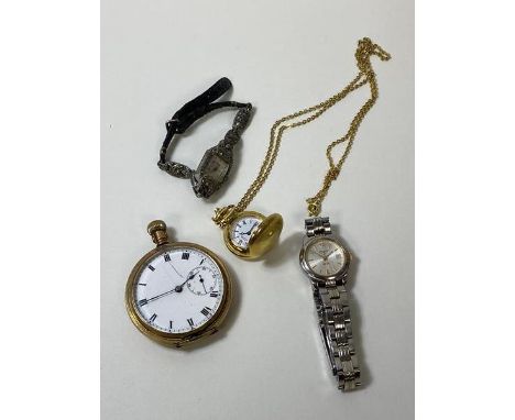 A group of watches including a ladies Tissot, a Rotary wrist watch, a Rotary miniature pocket watch and a pocket watch lackin