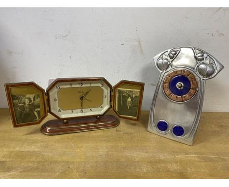 A 1950's / 60's West German Shuler, dressing table clock with two fold out screens to front holding pictures to interior, mea