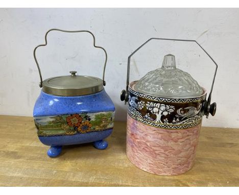 Two first half 20thc biscuit barrels, one with glass lid and stamped New Hall to base, the other footed with Chinese decorati