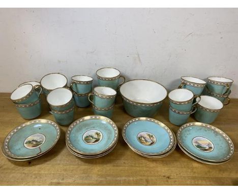 A set of late 19thc china including twenty teacups of two sizes, twelve saucers each with a landscape painted to well, measur