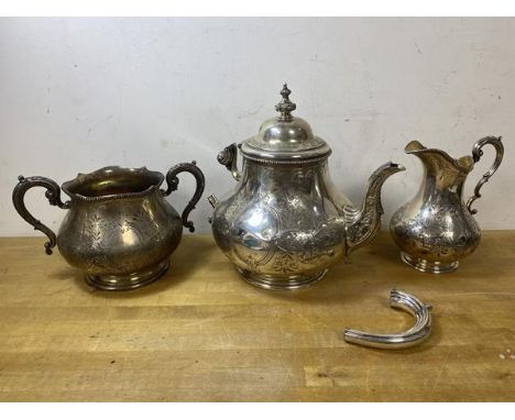 A Victorian Marshon Hall &amp; Co Sheffield 1866 silver three-piece tea service, each piece of baluster form, teapot with hin