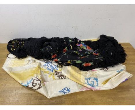 A 1930's / 40's embroidered tablecloth, measures 130cm x 125cm, and a later Chinese embroidered ladies shawl, measures (exclu
