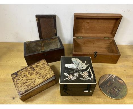A 19thc mahogany tea caddy, lid a/f, measures 9cm x 17cm x 9cm, a later mahogany box, a jewellery box with butterfly to top, 