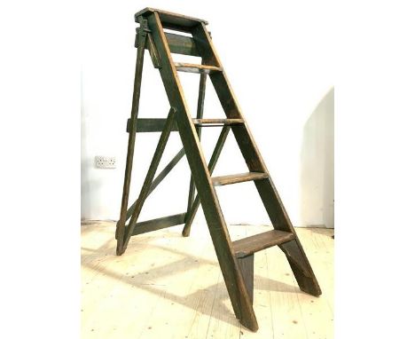 A set vintage of green painted pine four rung folding step ladders, early 20th century, stamped Trademark Cajac, H143cm