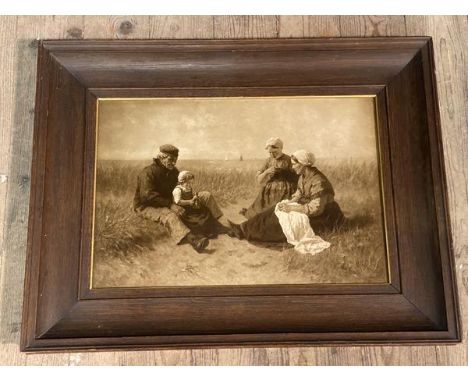 After Artz, reproduction print depicting figures on beach, measures 32cm x 47cm