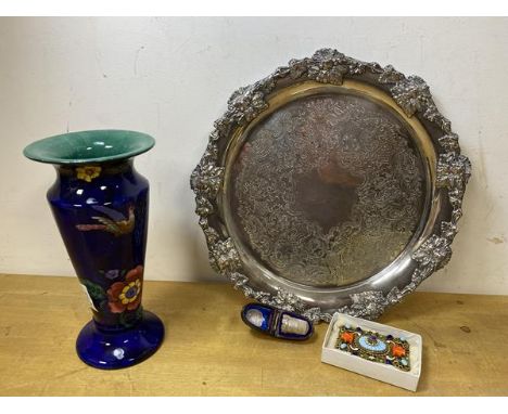 A mixed lot including a Maling vase, measures 18cm high, an Epns circular tray, thimble and an Edwardian gilt metal and ename