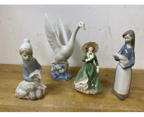 Two Lladro figures, one of girl holding piglet, measures 17cm high, a child holding a lamb, a Nao swan and a Coalport figure 