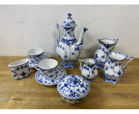 A collection of Royal Copenhagen blue lace edged china of various ages 1950's - 1970's, including coffee pot with pierced edg