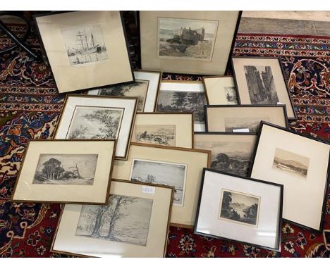 A collection of late 19th early 20thc etchings, some of Edinburgh interest and landscapes, a coloured print of Dunvegan Castl