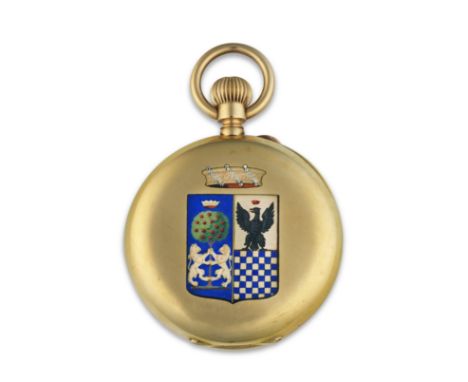 J. ROSSEL FILS SUCCESSOR DE J. F. BAUTTE &amp; CO, GENEVE. MONTRE DE GOUSSET EN OR JAUNE A CADRAN OUVERT ET ECUSSON EMAILLE R
