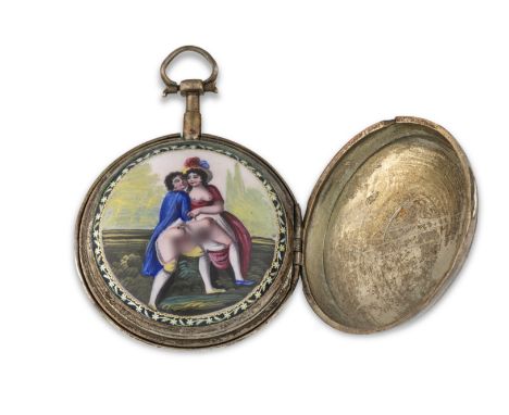 MICHAEL BINDER, WIEN. MONTRE DE GOUSSET A CADRAN OUVERT EN ARGENT AVEC DECOR EMAILLE EROTIQUE REMONTOIR A CLEF MICHAEL BINDER