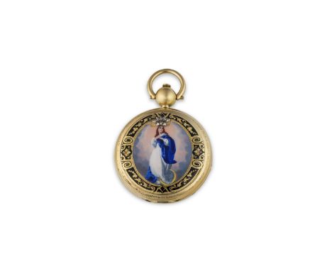 VICTOR JEANNOT, GENEVA. MONTRE DE GOUSSET A CLAPET EN OR JAUNE 18K (750) A DECOR EMAILLE REMONTOIR A CLEF VICTOR JEANNOT, GEN
