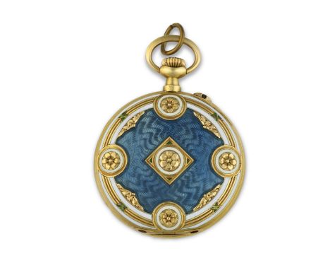 LOUIS REY, MARSEILLE. MONTRE DE GOUSSET A CADRAN OUVERT EN OR ET DECOR EMAILLE REMONTOIR AU PENDANT LOUIS REY, MARSEILLE. A C