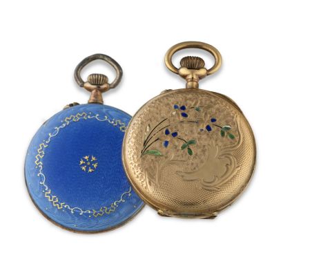 LOT DE DEUX MONTRES DE GOUSSET A CADRAN OUVERT A LOT OF TWO OPEN FACE POCKET WATCHES Comprising of a silver gilt and enamel e