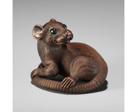 VADYM PYVOVAR: A TEAK WOOD NETSUKE OF A RATBy Vadym Pyvovar, signed with the artist's initialsUkraine, 10th June 2023Seated, 